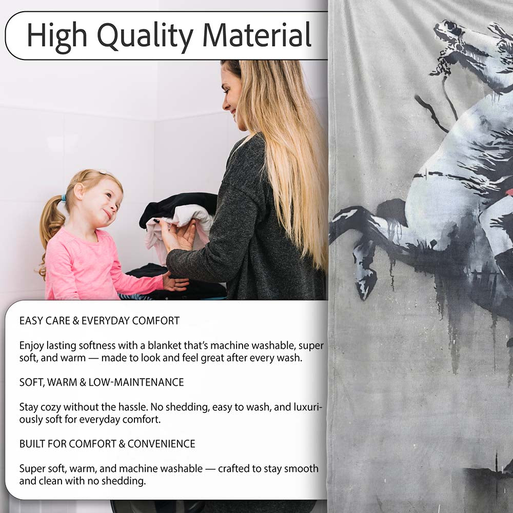 Red Cloaked Rider on Rearing Horse Monochrome Street Art, Artistic Comfortable Everyday Comfort - Super Soft Fleece Blanket Bed Sofa Throw