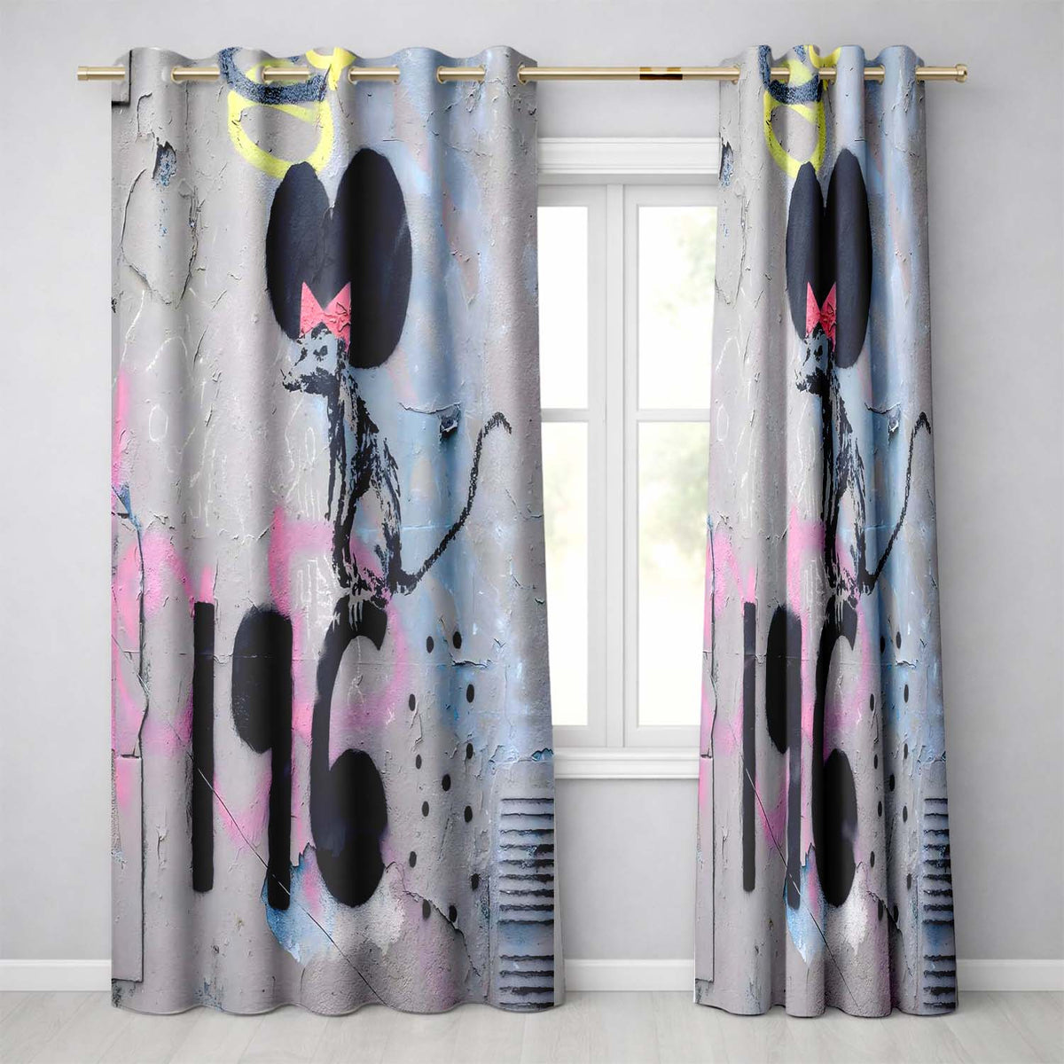 Black Rat with Pink Bow Urban Graffiti Stencil Unique Bold Artwork for Home Decor Readymade Eyelet Ring Top Thermal 100% Blackout Curtains