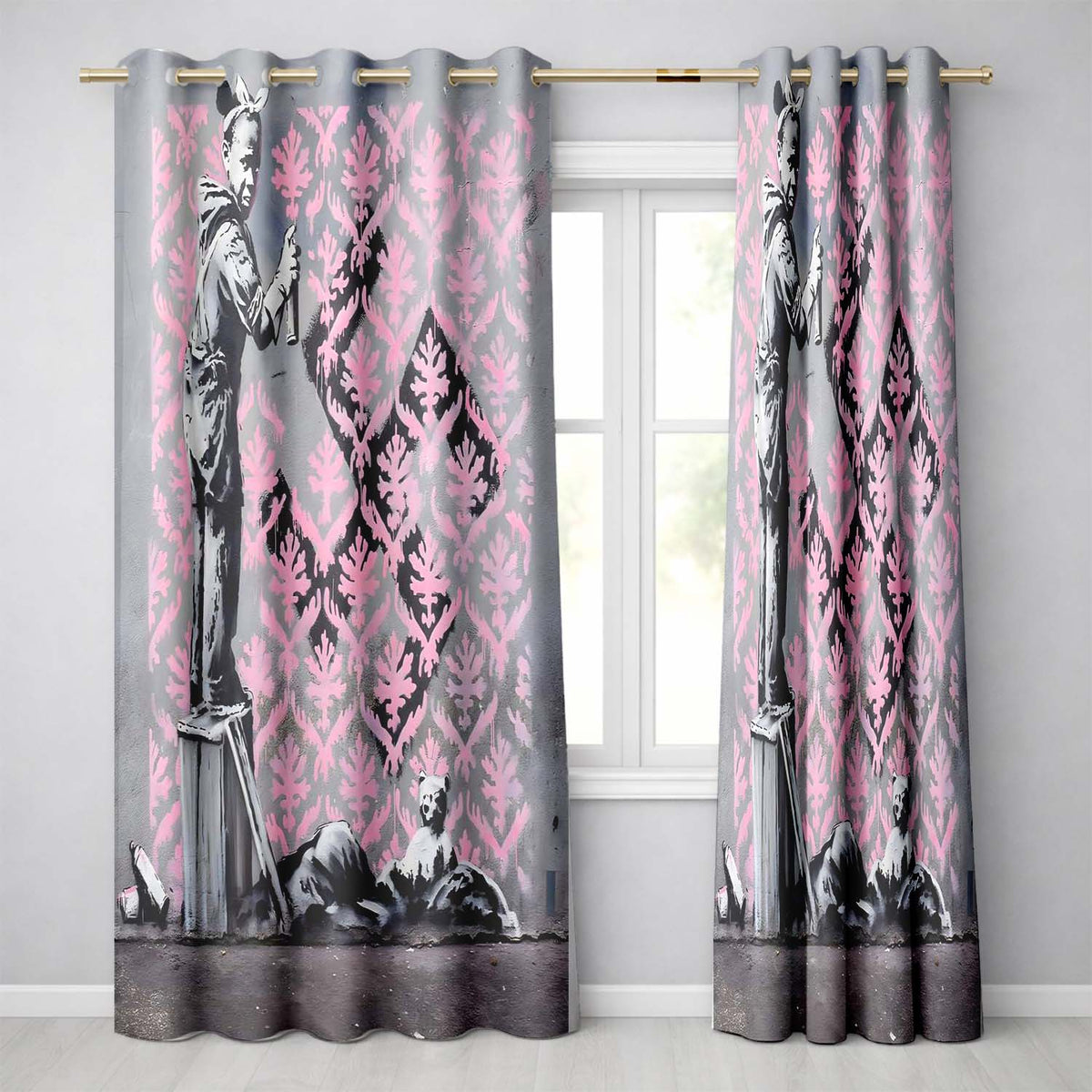 Girl Spray Painting Pink Damask Pattern Street Art Timeless Design for Home Decor Readymade Eyelet Ring Top Thermal 100% Blackout Curtains