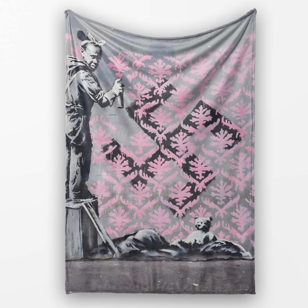 Girl Spray Painting Pink Damask Pattern Street Art, All Season Comfort, Stylish Room Decoration - Super Soft Fleece Blanket Bed Sofa Throw