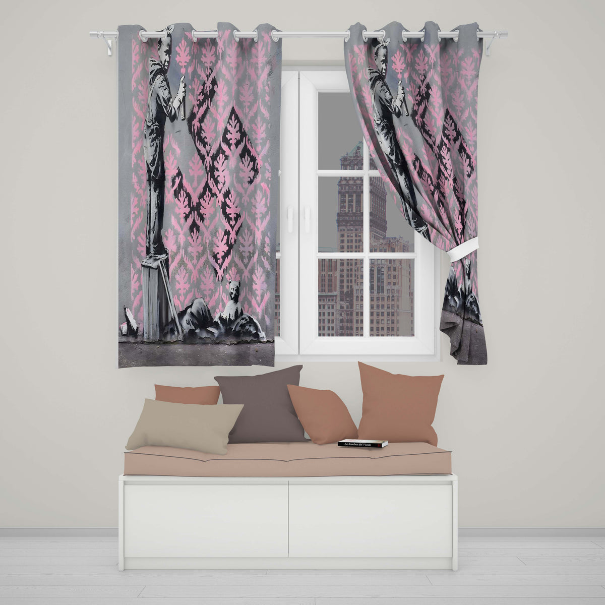 Girl Spray Painting Pink Damask Pattern Street Art Timeless Design for Home Decor Readymade Eyelet Ring Top Thermal 100% Blackout Curtains