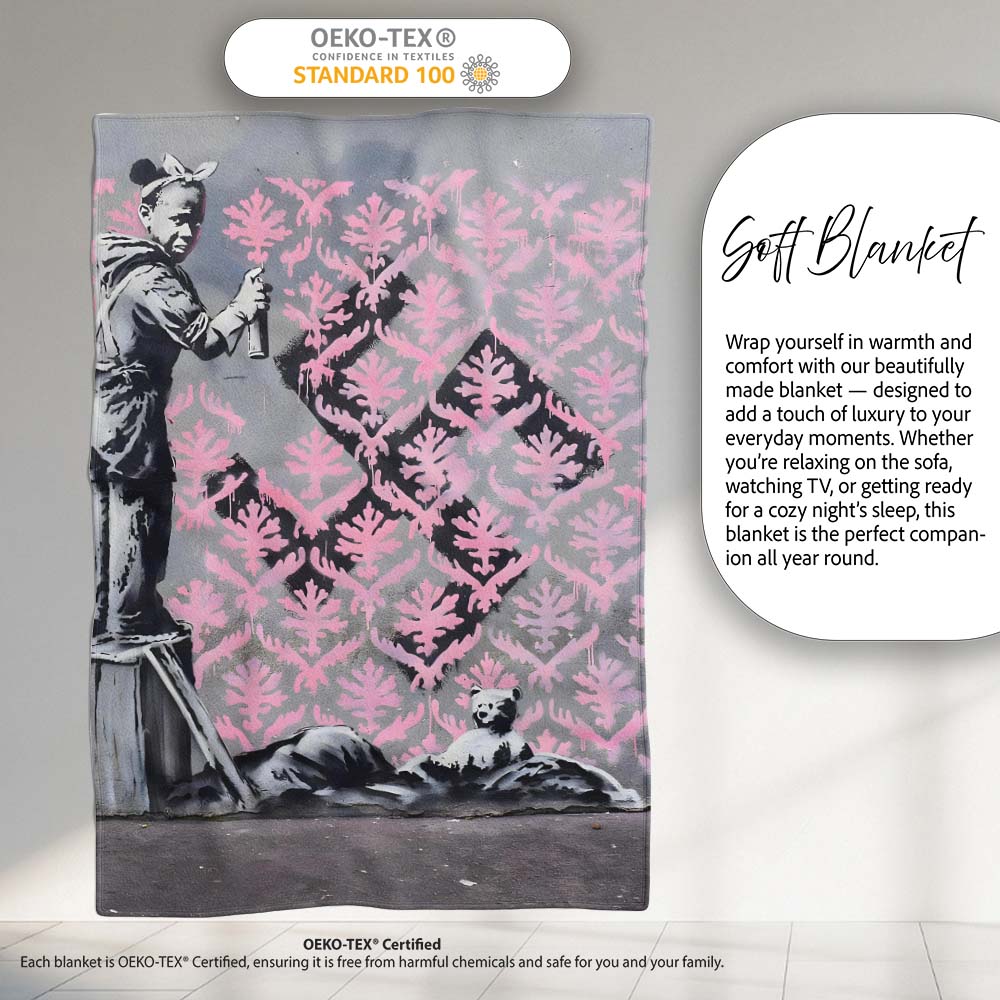 Girl Spray Painting Pink Damask Pattern Street Art, All Season Comfort, Stylish Room Decoration - Super Soft Fleece Blanket Bed Sofa Throw