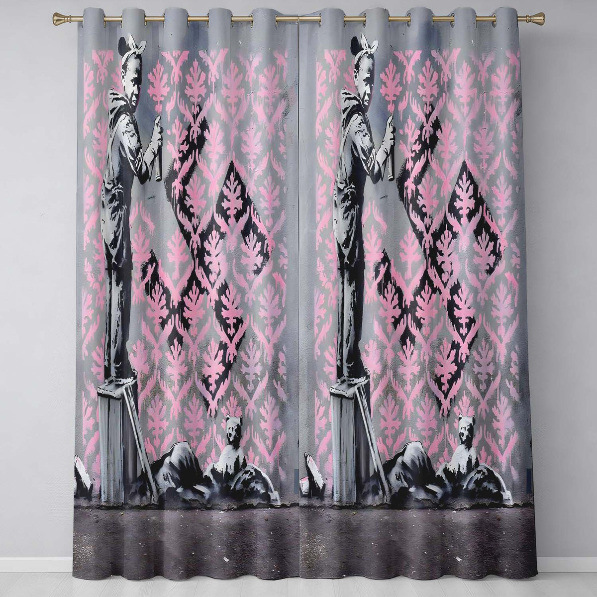 Girl Spray Painting Pink Damask Pattern Street Art Timeless Design for Home Decor Readymade Eyelet Ring Top Thermal 100% Blackout Curtains