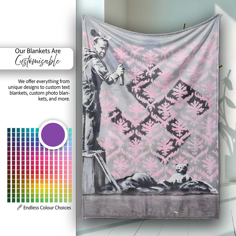 Girl Spray Painting Pink Damask Pattern Street Art, All Season Comfort, Stylish Room Decoration - Super Soft Fleece Blanket Bed Sofa Throw