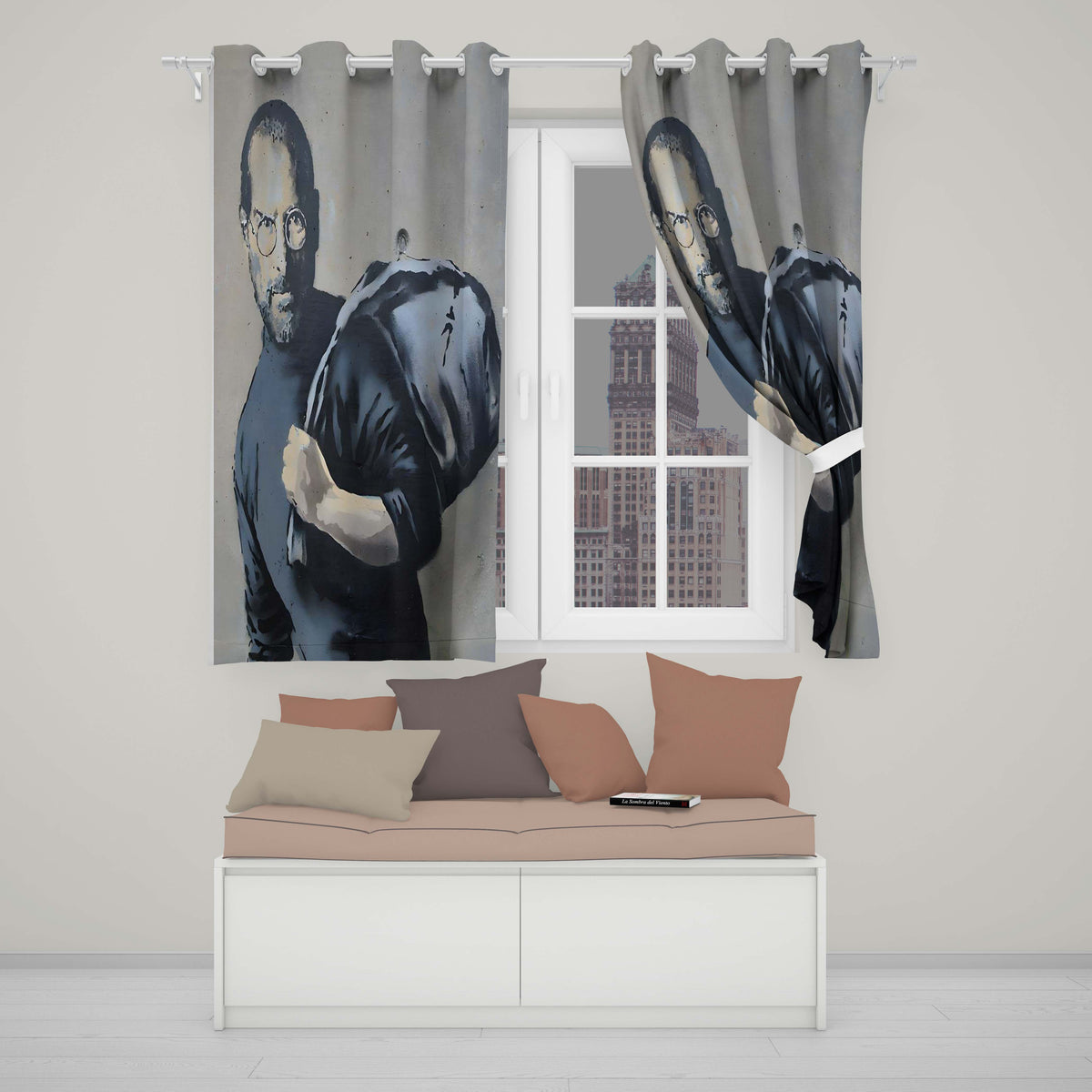 Visionary Man Holding Draped Figure Monochrome Street Art Contemporary Home Decor Readymade Eyelet Ring Top Thermal 100% Blackout Curtains