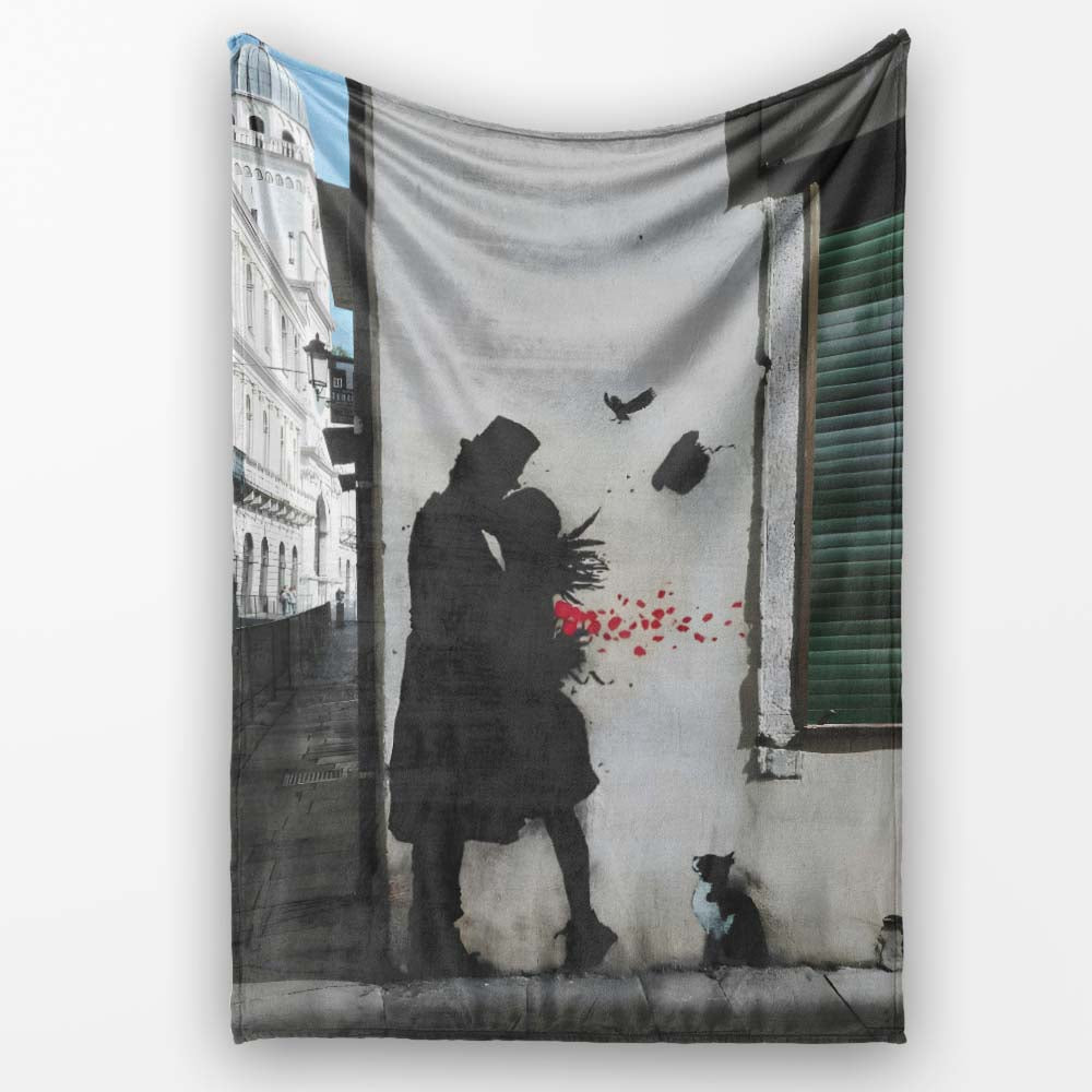 Romantic Couple with Red Rose Petals and Cat Stencil Art, Artistic Comfortable Everyday Comfort - Super Soft Fleece Blanket Bed Sofa Throw