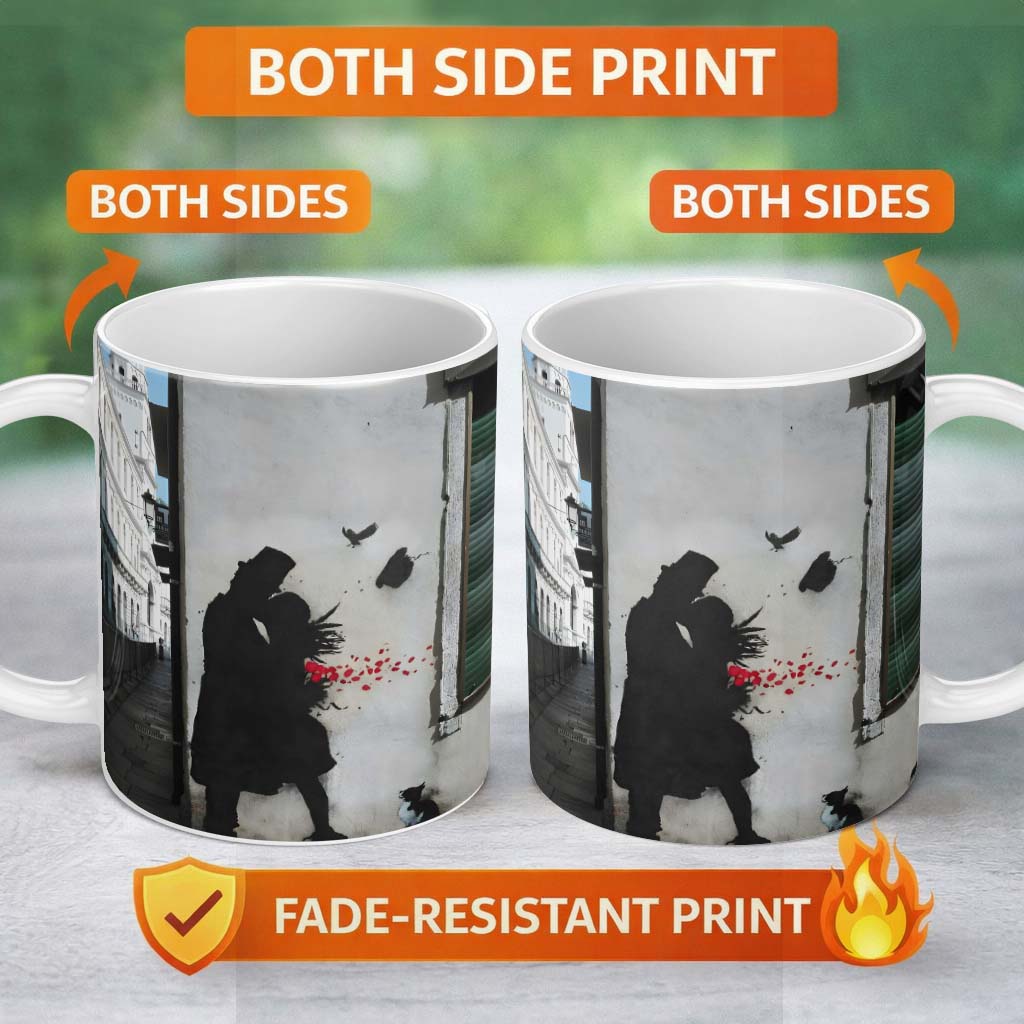 Romantic Couple with Red Rose Petals and Cat Stencil Art 11oz Ceramic Coffee Tea Mug White Large Handle