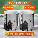 Romantic Couple with Red Rose Petals and Cat Stencil Art 11oz Ceramic Coffee Tea Mug White Large Handle