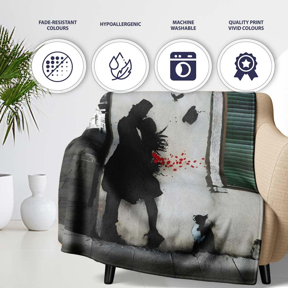 Romantic Couple with Red Rose Petals and Cat Stencil Art, Artistic Comfortable Everyday Comfort - Super Soft Fleece Blanket Bed Sofa Throw