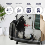 Romantic Couple with Red Rose Petals and Cat Stencil Art, Artistic Comfortable Everyday Comfort - Super Soft Fleece Blanket Bed Sofa Throw