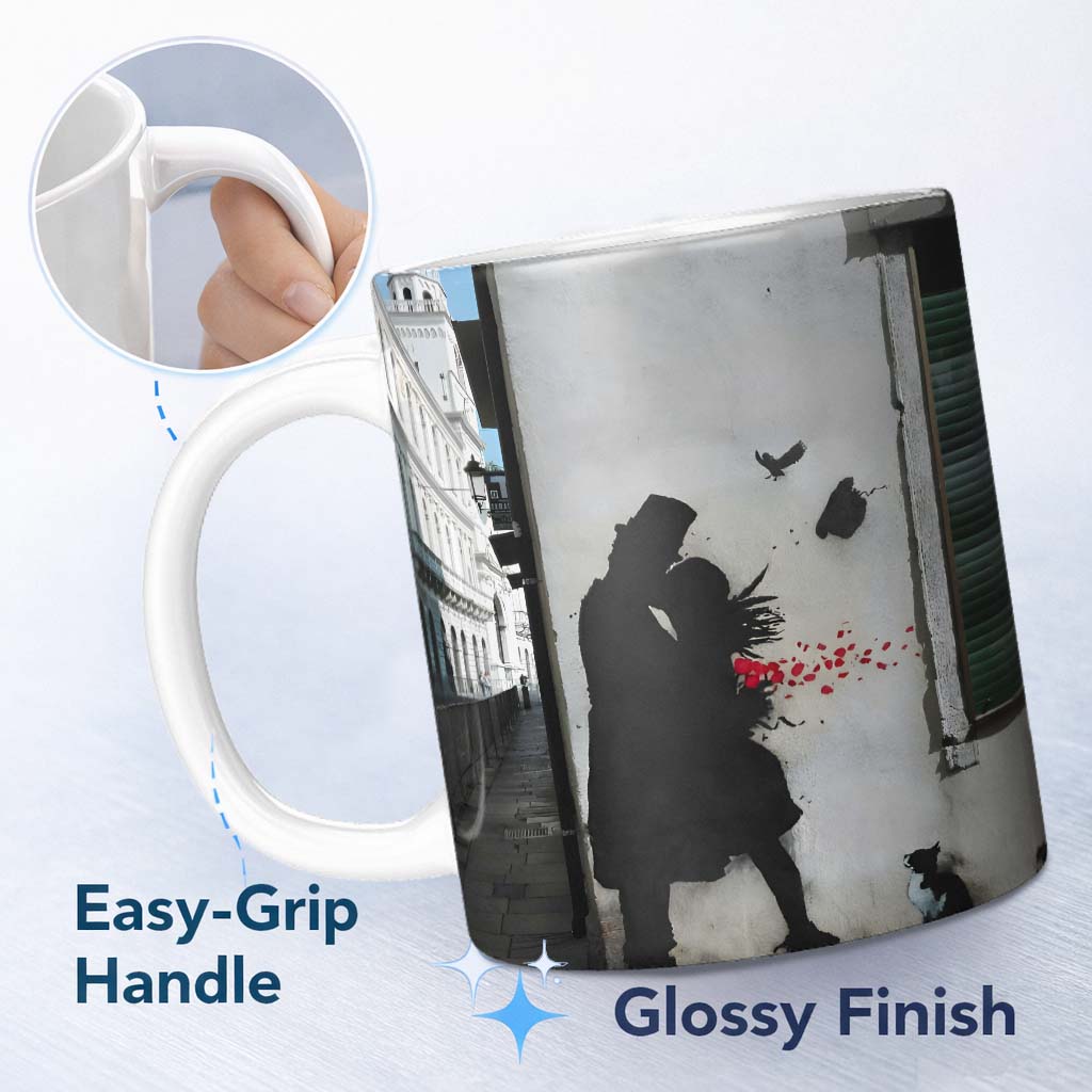 Romantic Couple with Red Rose Petals and Cat Stencil Art 11oz Ceramic Coffee Tea Mug White Large Handle