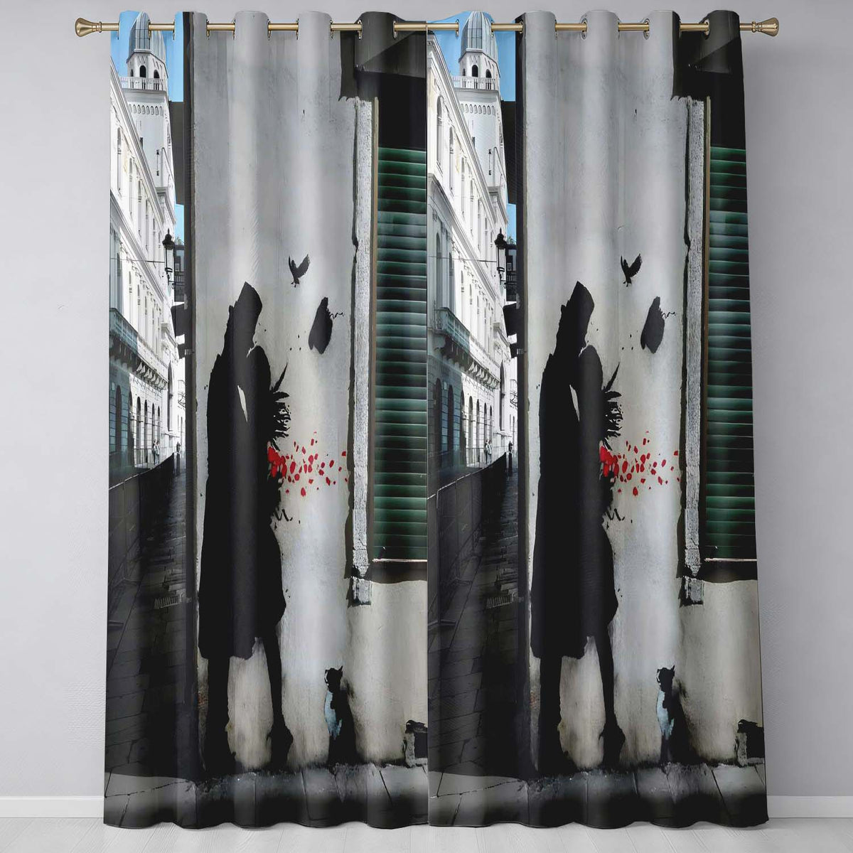 Romantic Couple with Red Rose Petals and Cat Stencil Art Bold Artistic Home Decor Readymade Eyelet Ring Top Thermal 100% Blackout Curtains