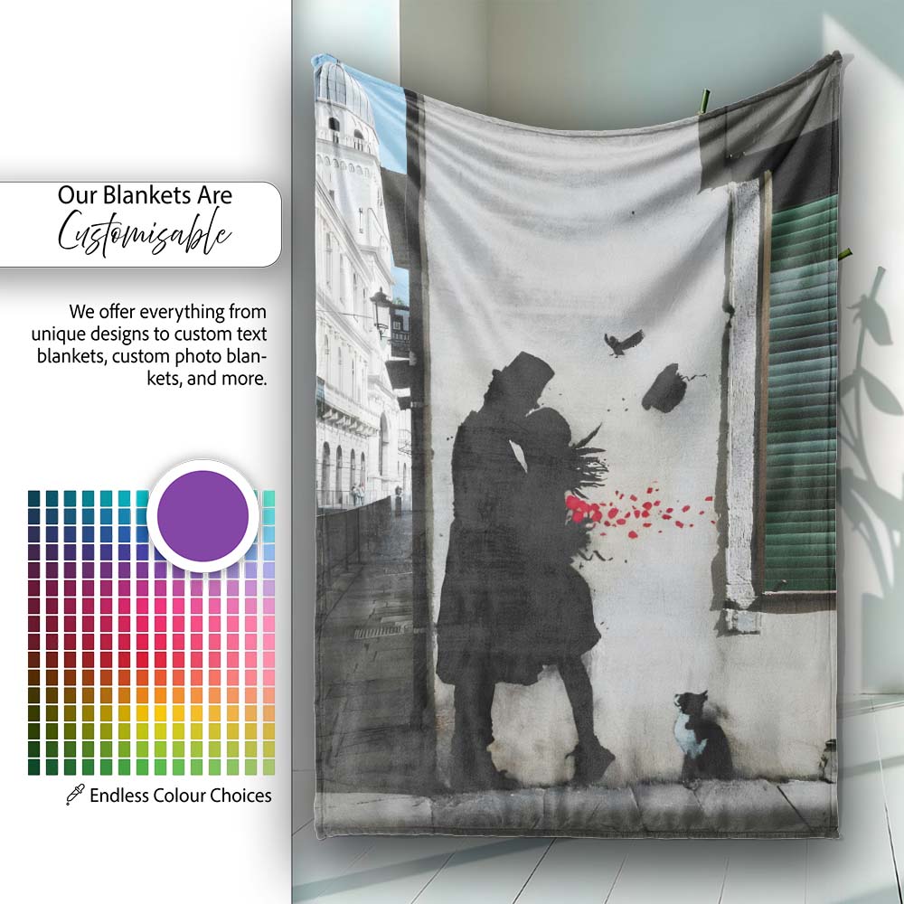Romantic Couple with Red Rose Petals and Cat Stencil Art, Artistic Comfortable Everyday Comfort - Super Soft Fleece Blanket Bed Sofa Throw