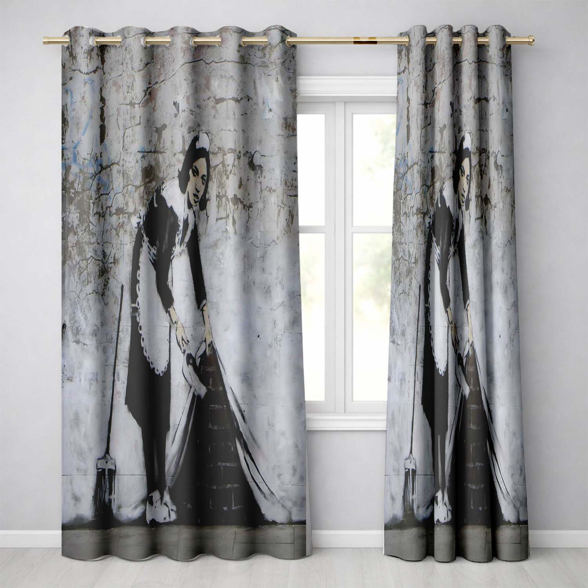 Housemaid Sweeping Hidden Brickwork Monochrome Street Art Contemporary Home Decor Readymade Eyelet Ring Top Thermal 100% Blackout Curtains
