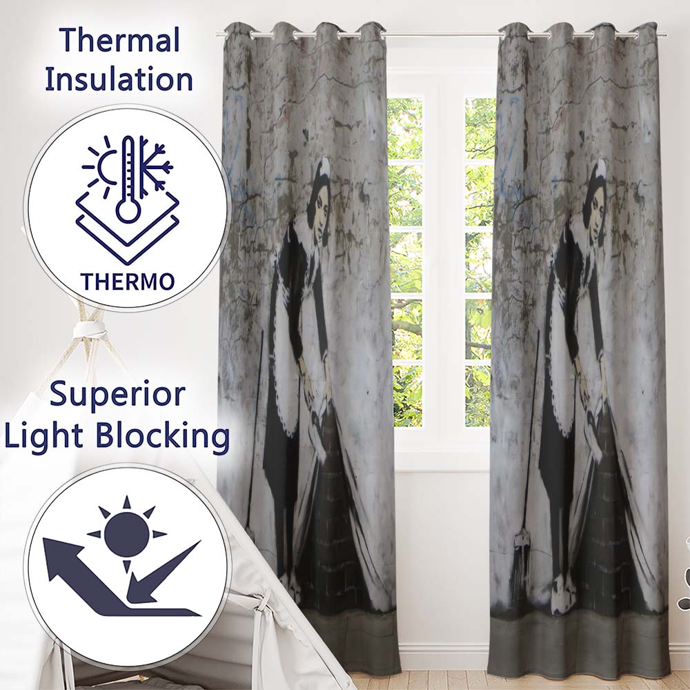 Housemaid Sweeping Hidden Brickwork Monochrome Street Art Contemporary Home Decor Readymade Eyelet Ring Top Thermal 100% Blackout Curtains