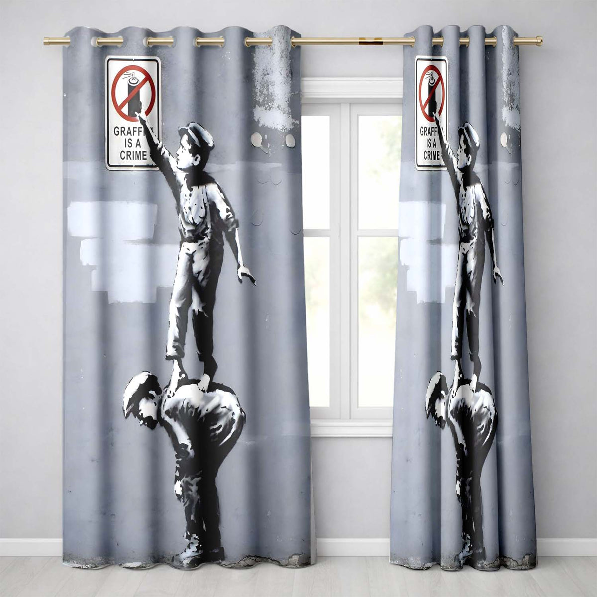 Children Reaching Graffiti Warning Sign Urban Stencil Vibrant Artistic Home Decor Readymade Eyelet Ring Top Thermal 100% Blackout Curtains