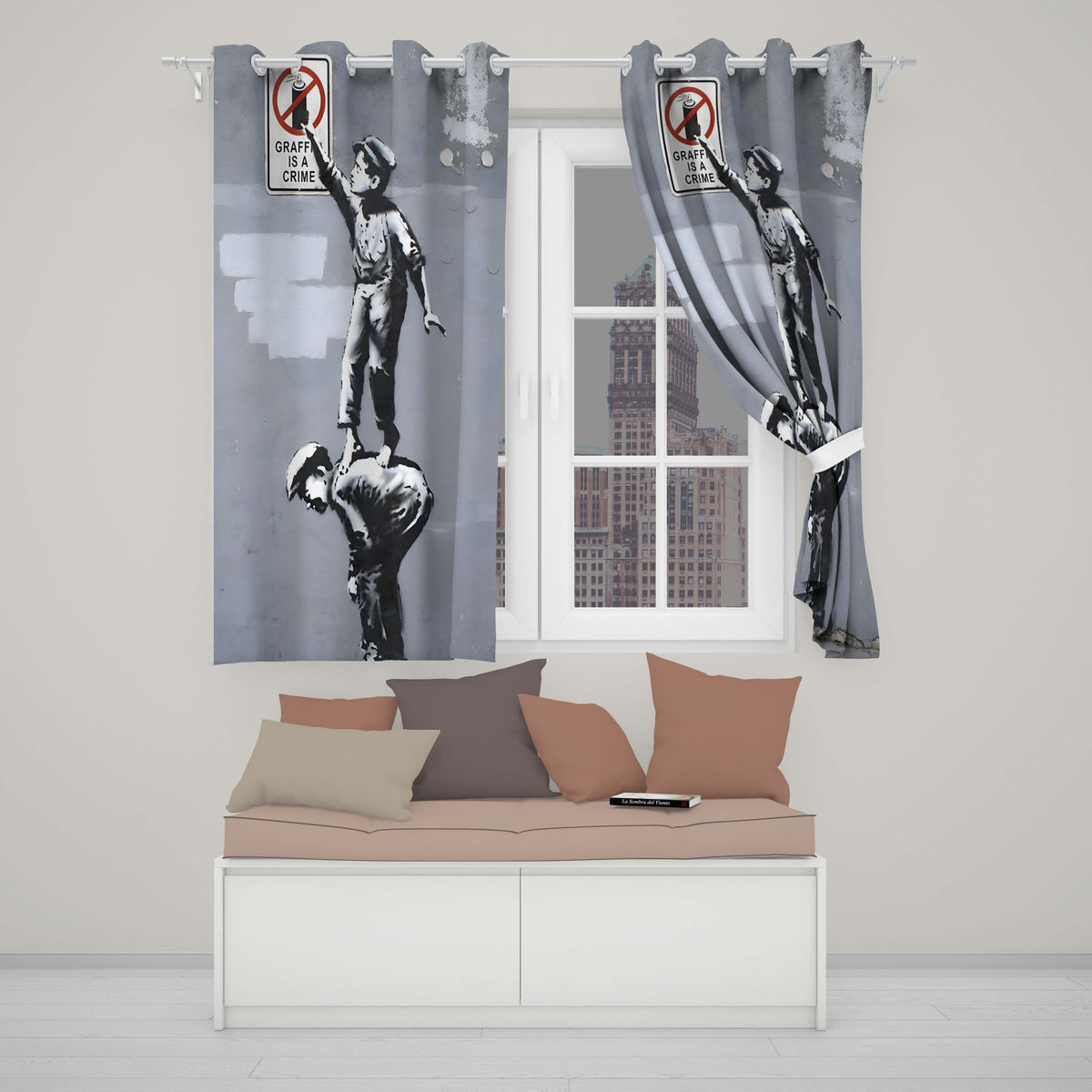 Children Reaching Graffiti Warning Sign Urban Stencil Vibrant Artistic Home Decor Readymade Eyelet Ring Top Thermal 100% Blackout Curtains