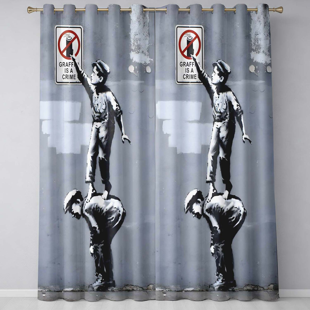 Children Reaching Graffiti Warning Sign Urban Stencil Vibrant Artistic Home Decor Readymade Eyelet Ring Top Thermal 100% Blackout Curtains