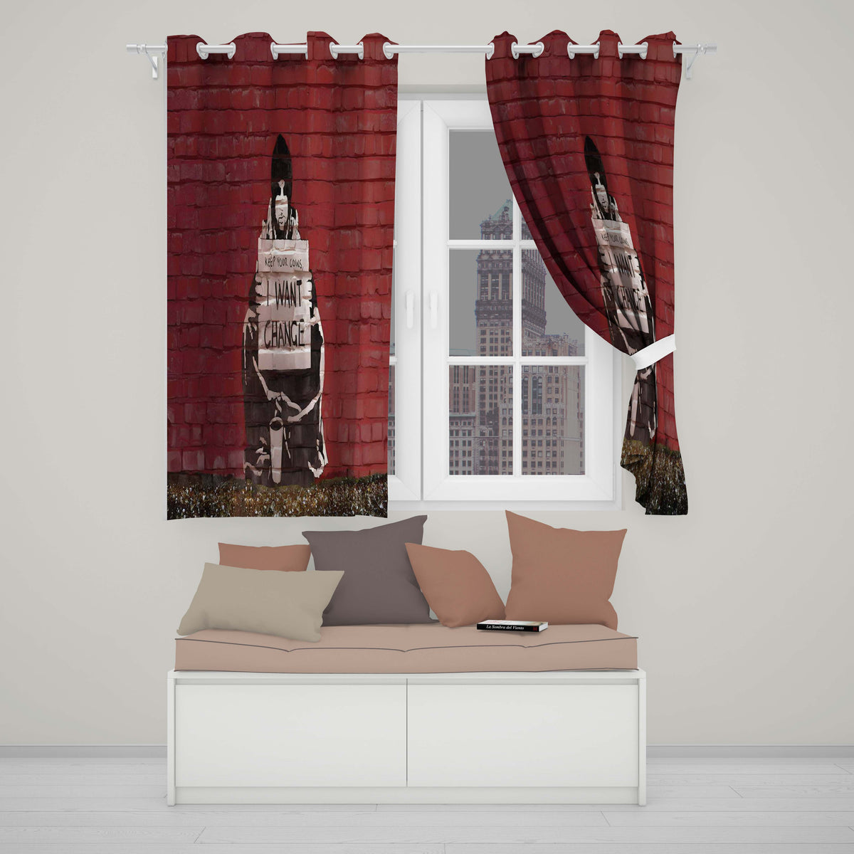 Seated Protester with Change Message Red Brick Street Art Contemporary Home Decor Readymade Eyelet Ring Top Thermal 100% Blackout Curtains