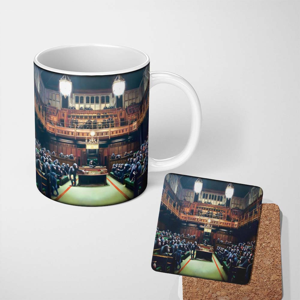Chimpanzee Parliament Chamber Satirical Dark Interior 11oz Ceramic Coffee Tea Mug White Large Handle