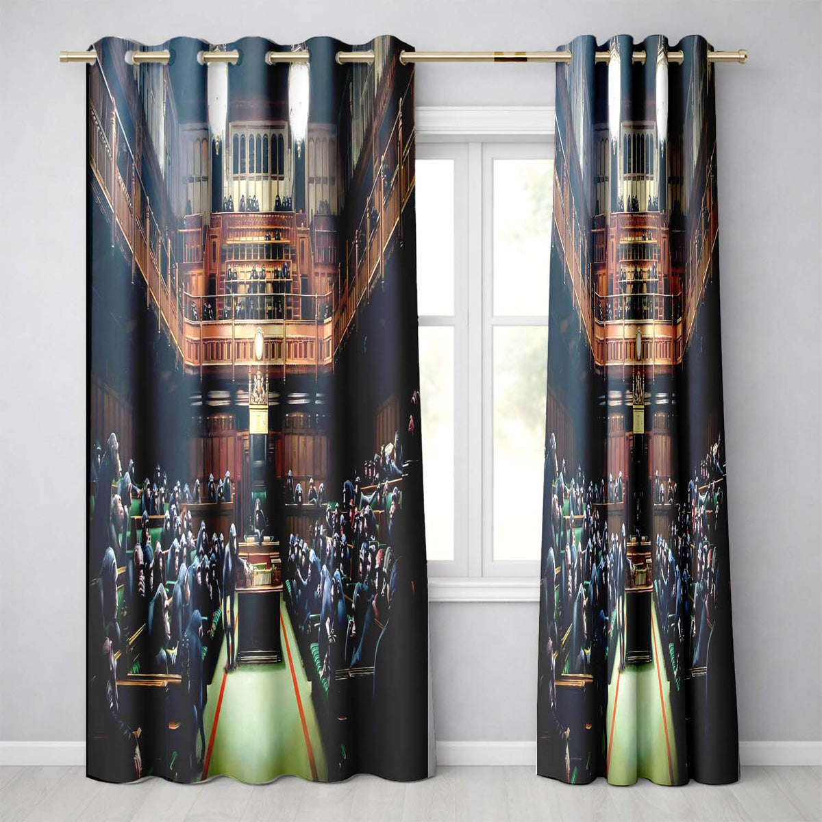Chimpanzee Parliament Chamber Satirical Dark Interior Elegant Artistic Home Decor Readymade Eyelet Ring Top Thermal 100% Blackout Curtains