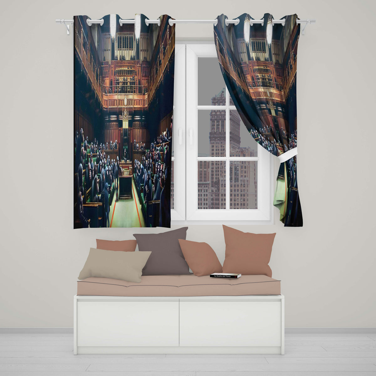 Chimpanzee Parliament Chamber Satirical Dark Interior Elegant Artistic Home Decor Readymade Eyelet Ring Top Thermal 100% Blackout Curtains