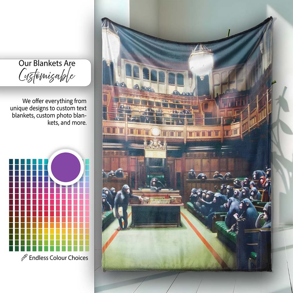 Chimpanzee Parliament Chamber Satirical Dark Interior, Decorative Comfortable Housewarming Gift - Super Soft Fleece Blanket Bed Sofa Throw