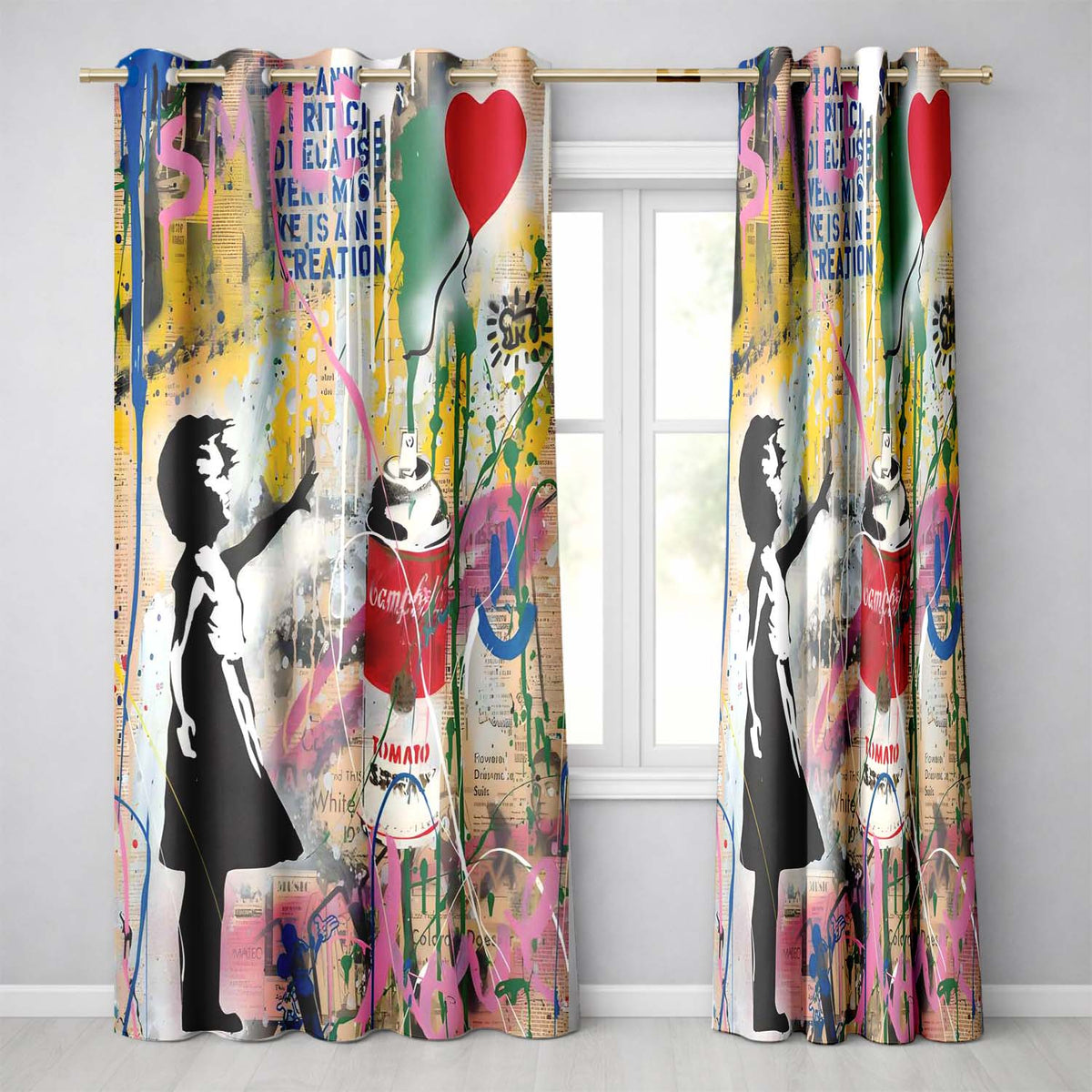 Girl Reaching Red Heart Balloon Colourful Collage Distinctive Wall Art Home Decor Readymade Eyelet Ring Top Thermal 100% Blackout Curtains