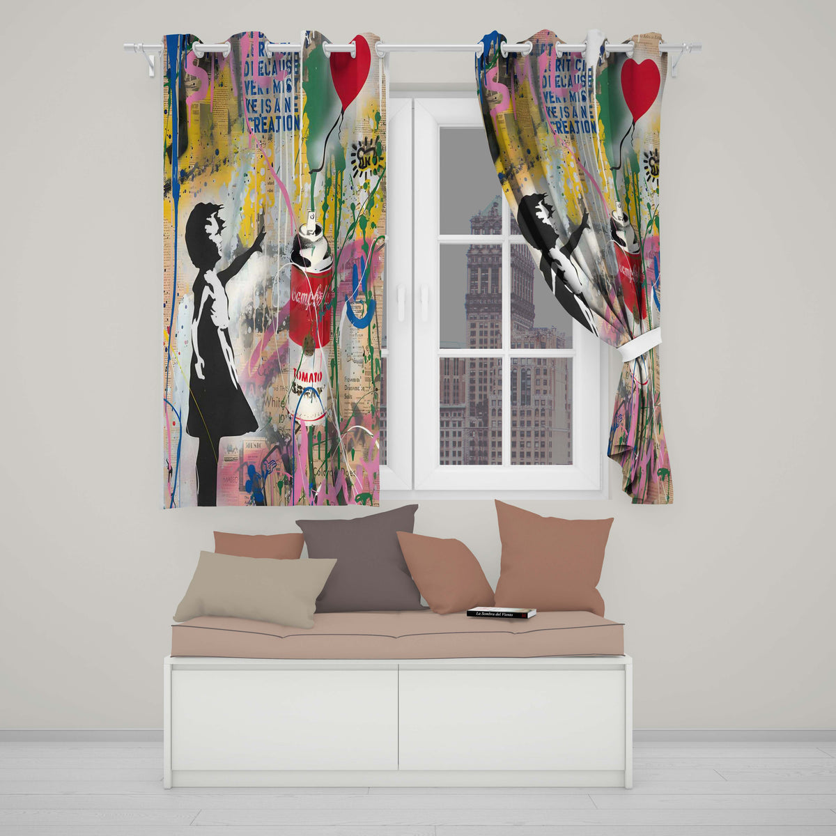Girl Reaching Red Heart Balloon Colourful Collage Distinctive Wall Art Home Decor Readymade Eyelet Ring Top Thermal 100% Blackout Curtains