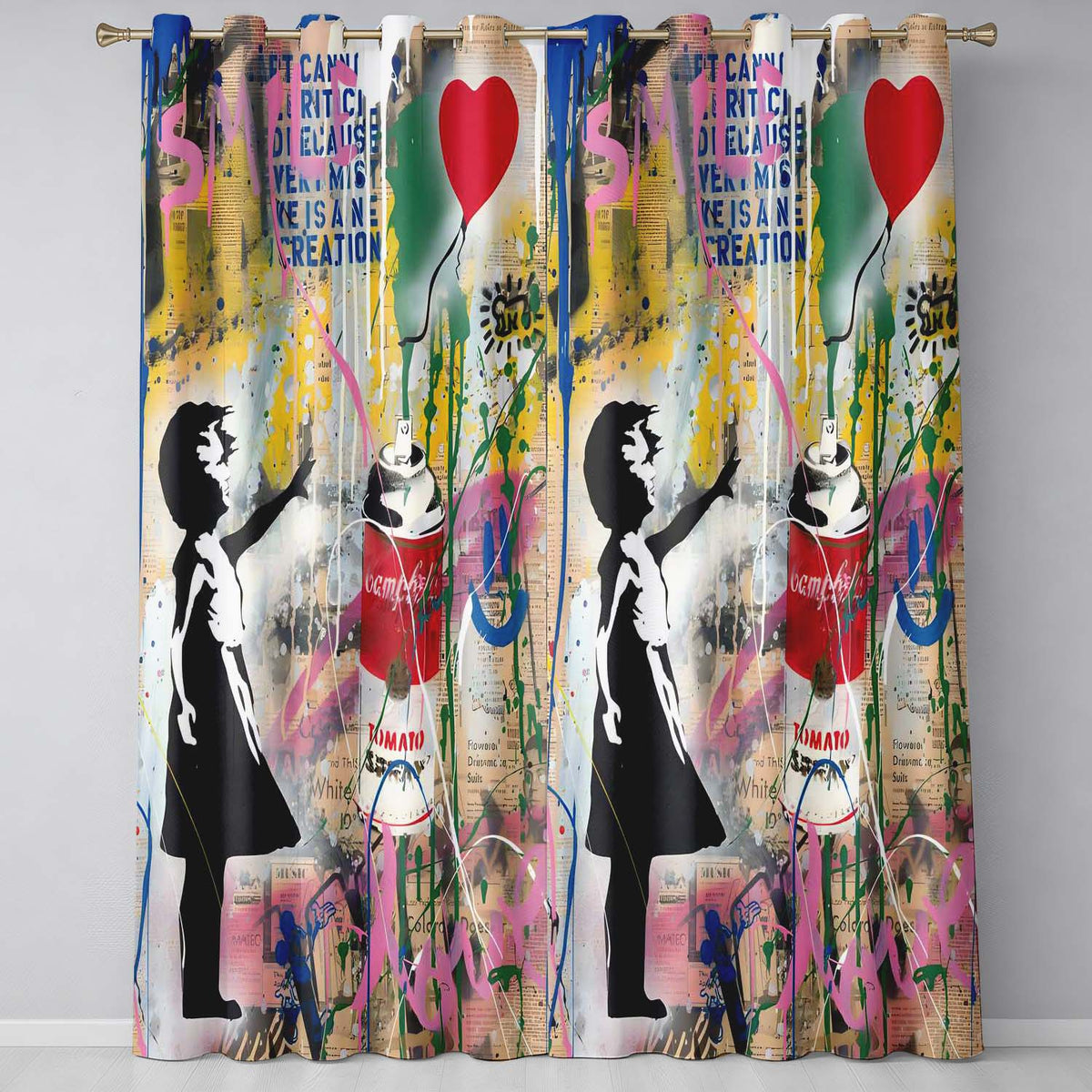 Girl Reaching Red Heart Balloon Colourful Collage Distinctive Wall Art Home Decor Readymade Eyelet Ring Top Thermal 100% Blackout Curtains