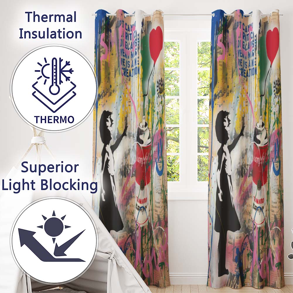 Girl Reaching Red Heart Balloon Colourful Collage Distinctive Wall Art Home Decor Readymade Eyelet Ring Top Thermal 100% Blackout Curtains