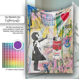 Girl Reaching Red Heart Balloon Colourful Collage, All Season Comfort, Comfortable Everyday Use - Super Soft Fleece Blanket Bed Sofa Throw