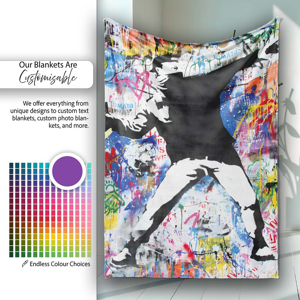 Masked Protester Throwing Paint Tin Graffiti Collage, Lightweight Comfortable Decorative Accent - Super Soft Fleece Blanket Bed Sofa Throw
