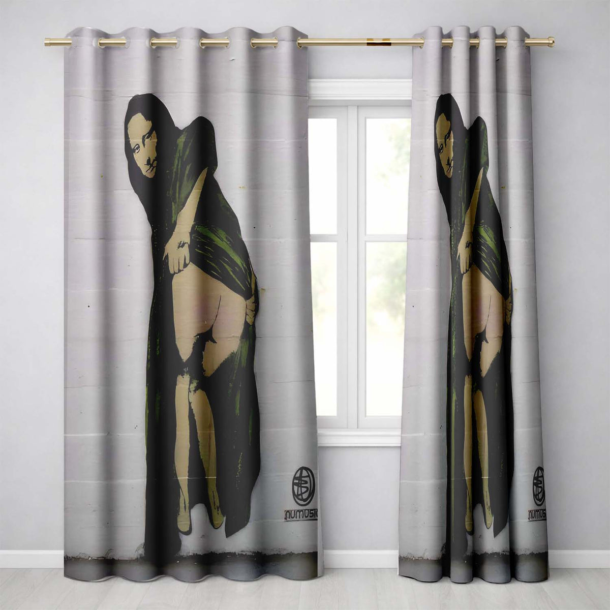 Pregnant Woman in Green Draped Dress Urban Stencil Bold Artwork for Bedroom Decor Readymade Eyelet Ring Top Thermal 100% Blackout Curtains