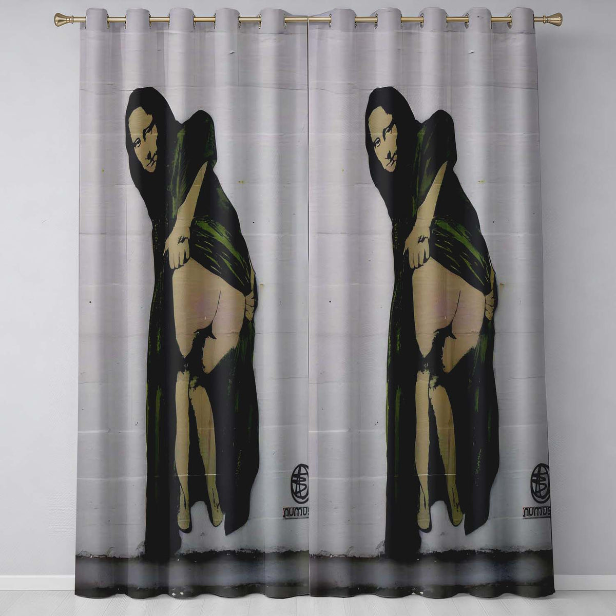 Pregnant Woman in Green Draped Dress Urban Stencil Bold Artwork for Bedroom Decor Readymade Eyelet Ring Top Thermal 100% Blackout Curtains