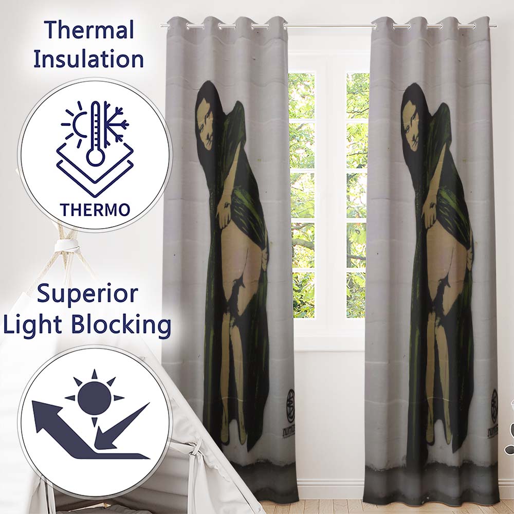 Pregnant Woman in Green Draped Dress Urban Stencil Bold Artwork for Bedroom Decor Readymade Eyelet Ring Top Thermal 100% Blackout Curtains