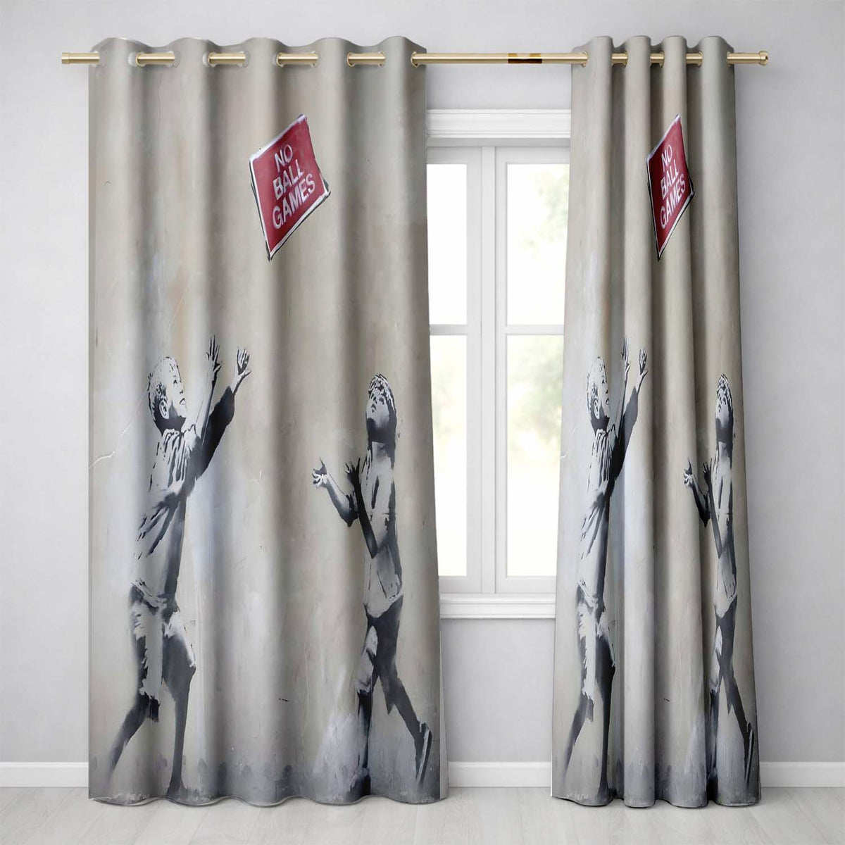 Children Playing No Ball Games Street Art Stencil Distinctive Wall Art Home Decor Readymade Eyelet Ring Top Thermal 100% Blackout Curtains