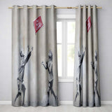 Children Playing No Ball Games Street Art Stencil Distinctive Wall Art Home Decor Readymade Eyelet Ring Top Thermal 100% Blackout Curtains