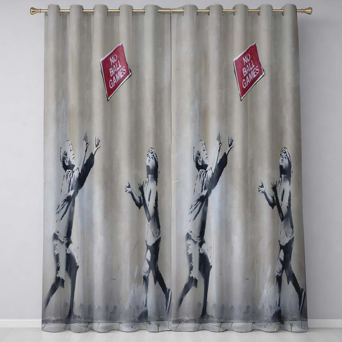 Children Playing No Ball Games Street Art Stencil Distinctive Wall Art Home Decor Readymade Eyelet Ring Top Thermal 100% Blackout Curtains