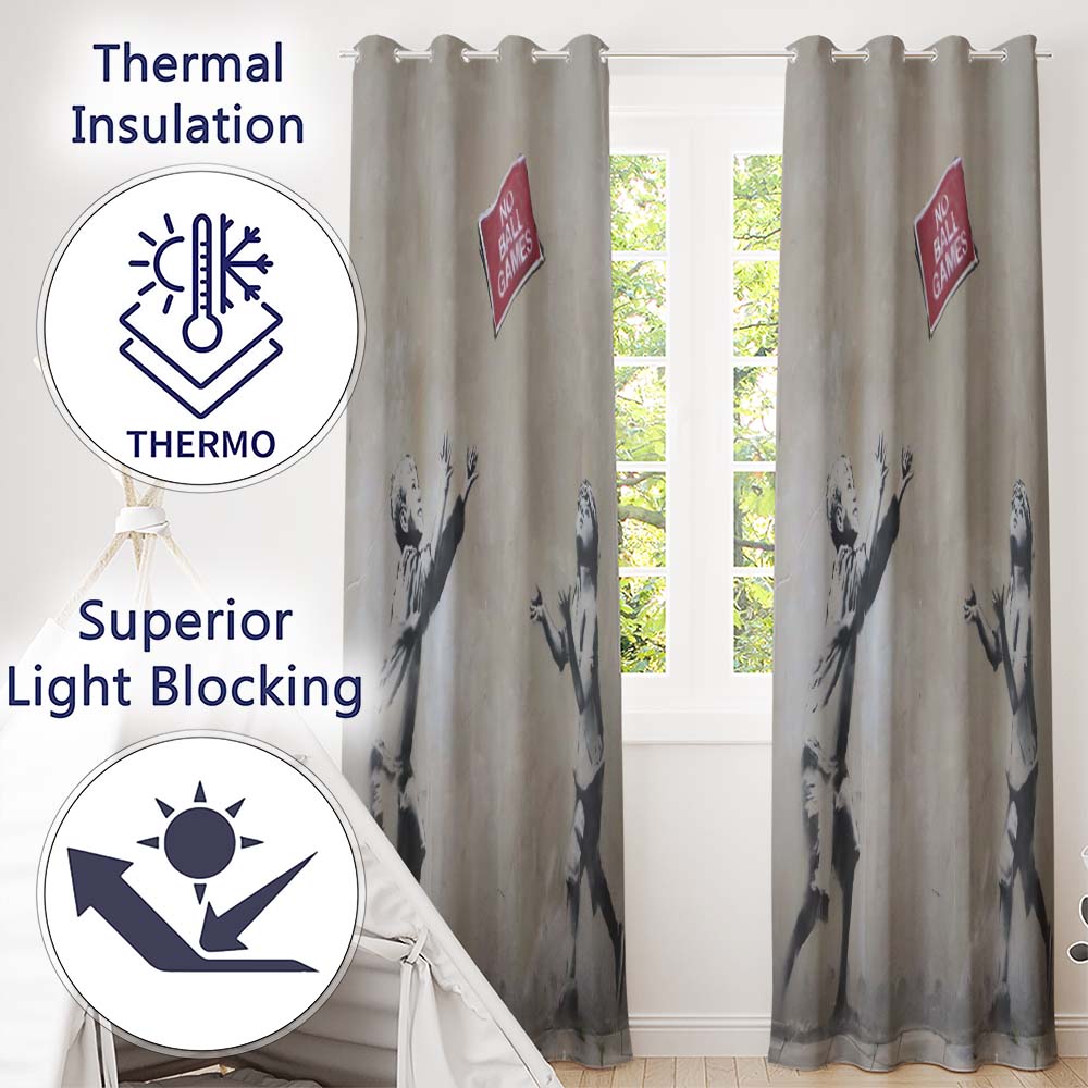 Children Playing No Ball Games Street Art Stencil Distinctive Wall Art Home Decor Readymade Eyelet Ring Top Thermal 100% Blackout Curtains