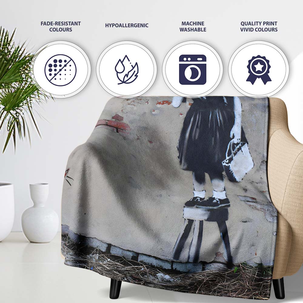 Schoolgirl Standing on Stool with Small Rat Stencil, All Season Comfort, Modern Interior Accent - Super Soft Fleece Blanket Bed Sofa Throw