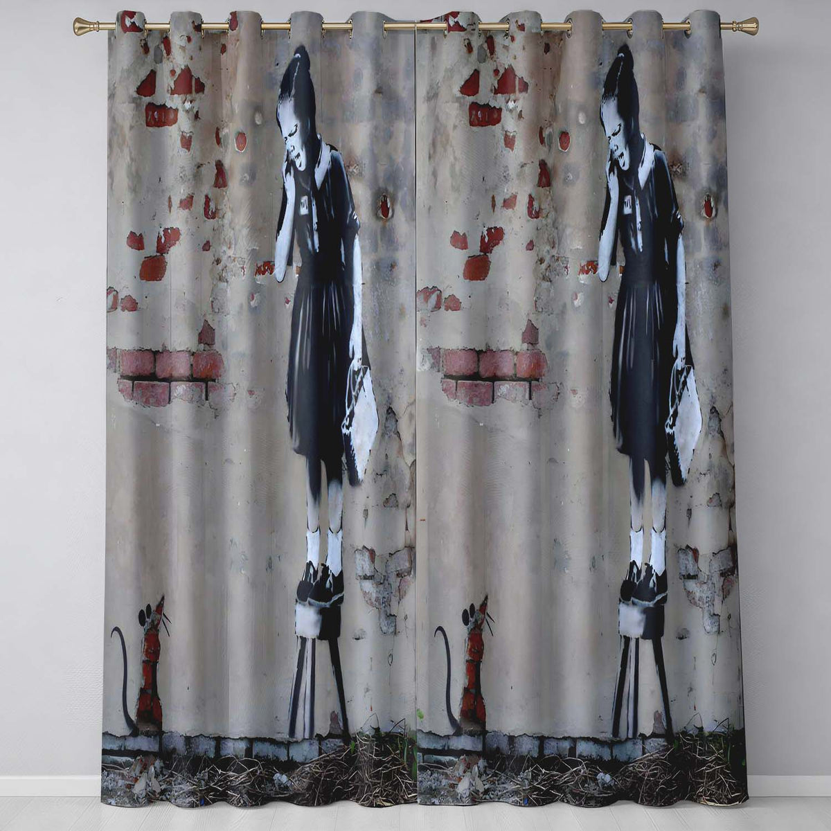 Schoolgirl Standing on Stool with Small Rat Stencil Elegant Design for Home Decor Readymade Eyelet Ring Top Thermal 100% Blackout Curtains