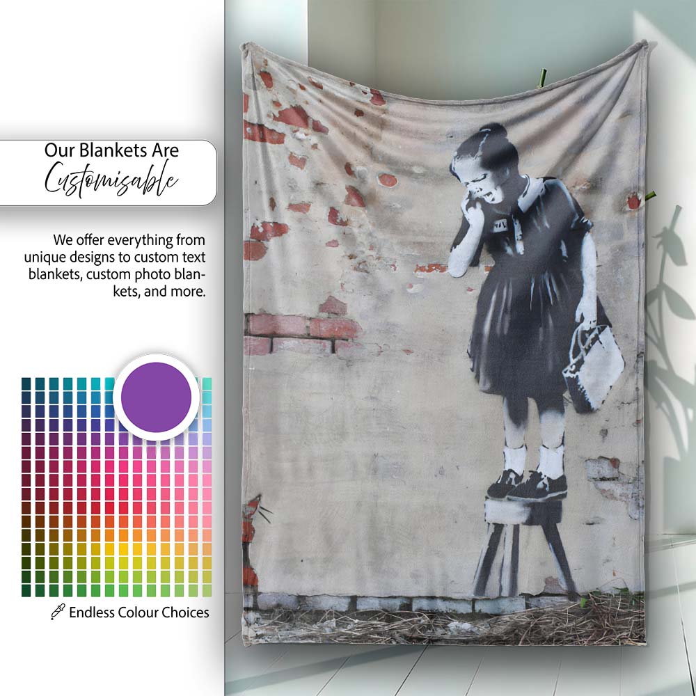 Schoolgirl Standing on Stool with Small Rat Stencil, All Season Comfort, Modern Interior Accent - Super Soft Fleece Blanket Bed Sofa Throw