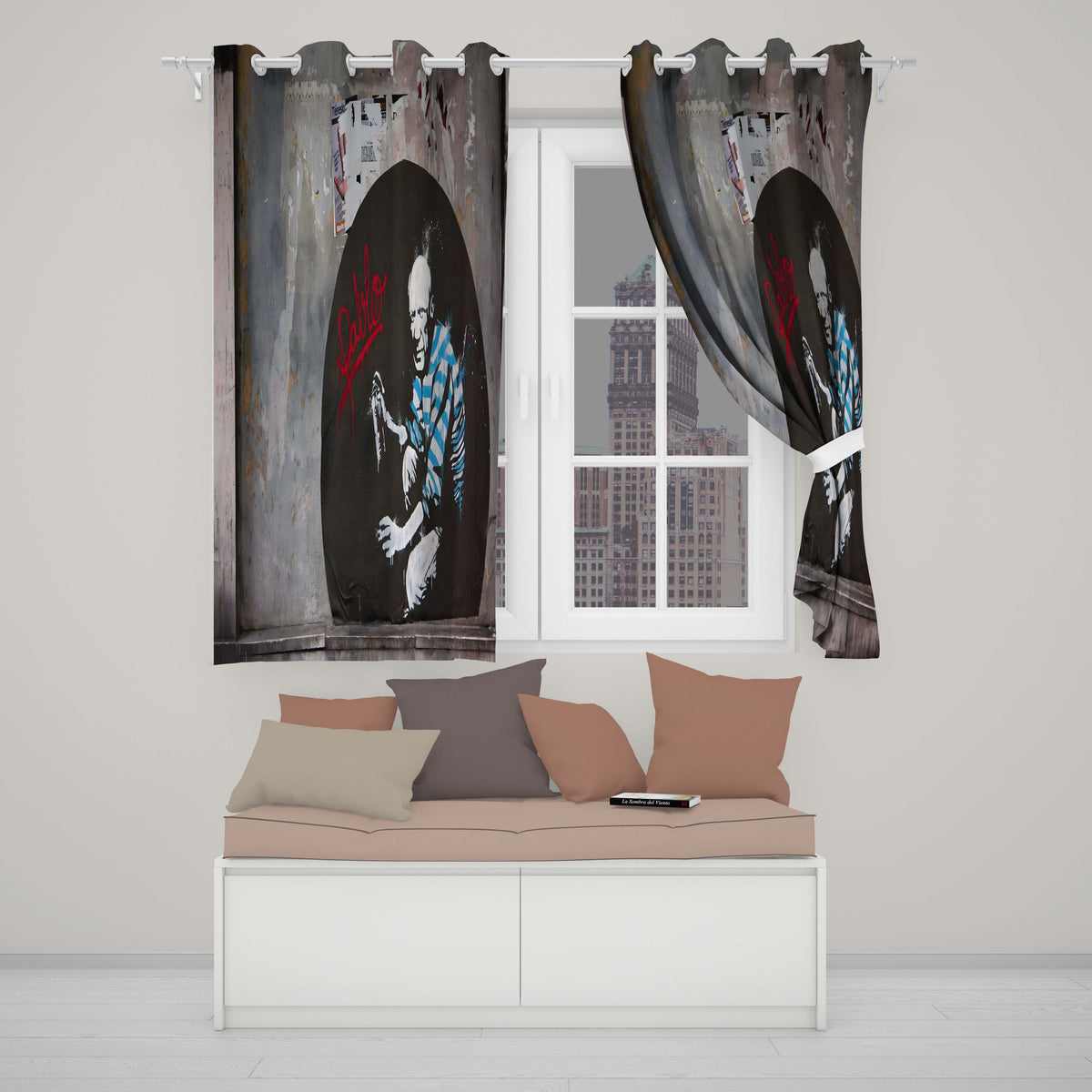 Elderly Graffiti Artist with Spray Can Urban Portrait Elegant Artistic Home Decor Readymade Eyelet Ring Top Thermal 100% Blackout Curtains