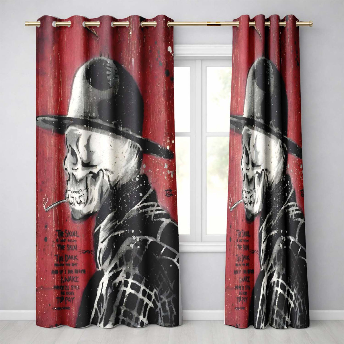 Skull in Bowler Hat on Red Grunge Background Expressive Artwork for Bedroom Decor Readymade Eyelet Ring Top Thermal 100% Blackout Curtains