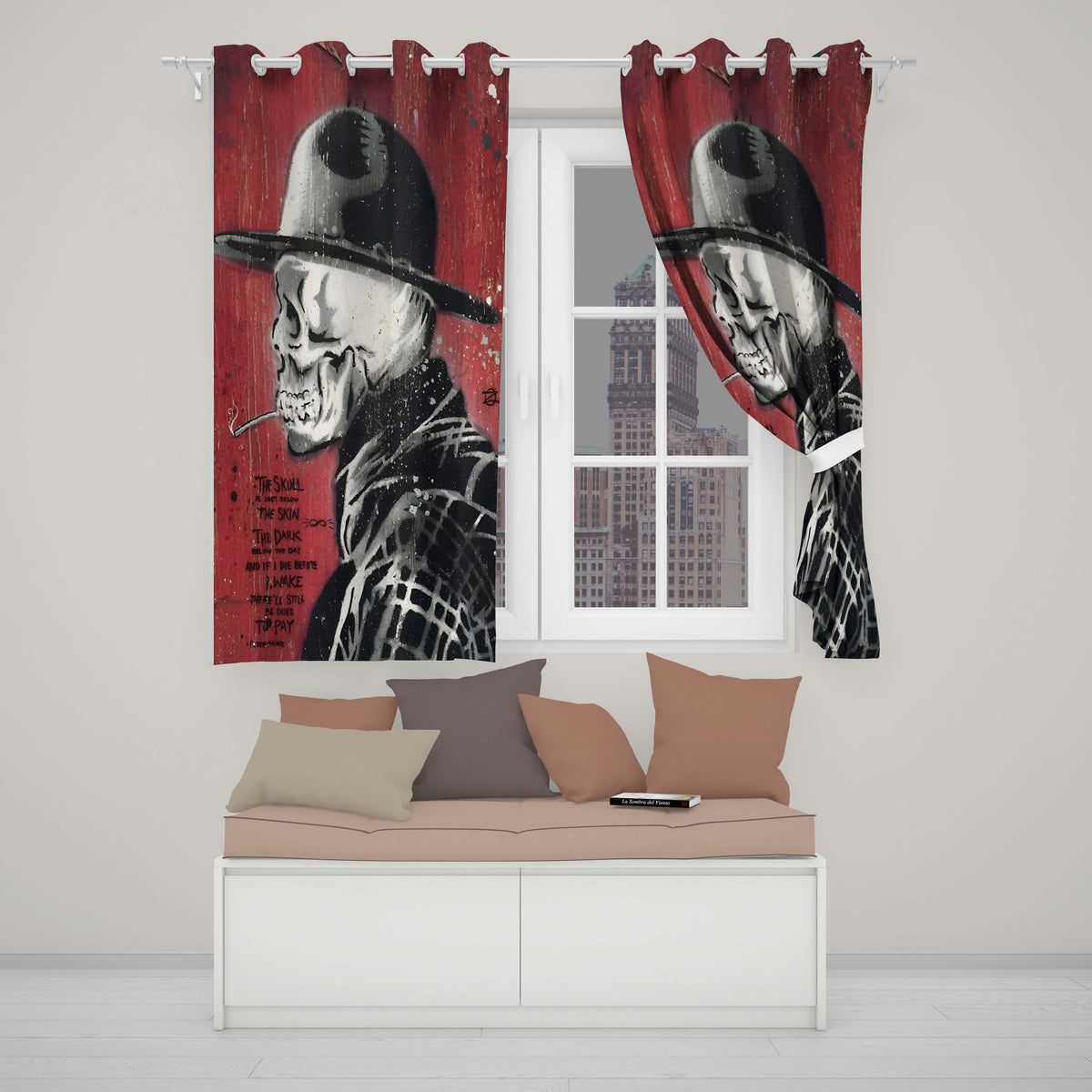 Skull in Bowler Hat on Red Grunge Background Expressive Artwork for Bedroom Decor Readymade Eyelet Ring Top Thermal 100% Blackout Curtains