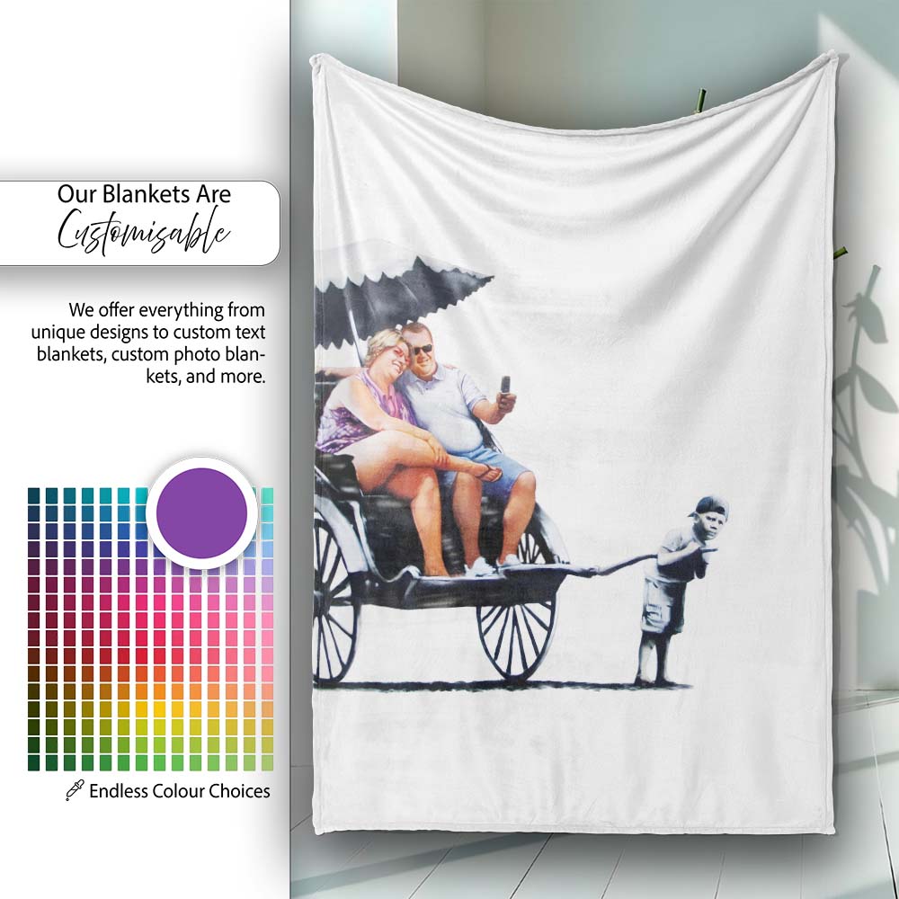 Holiday Couple Riding Child Pulled Rickshaw Satirical Stencil, Artistic Modern Everyday Comfort - Super Soft Fleece Blanket Bed Sofa Throw