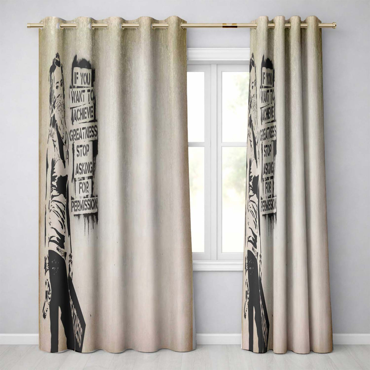 Masked Woman Motivational Quote Beige Urban Stencil Elegant Design for Home Decor Readymade Eyelet Ring Top Thermal 100% Blackout Curtains