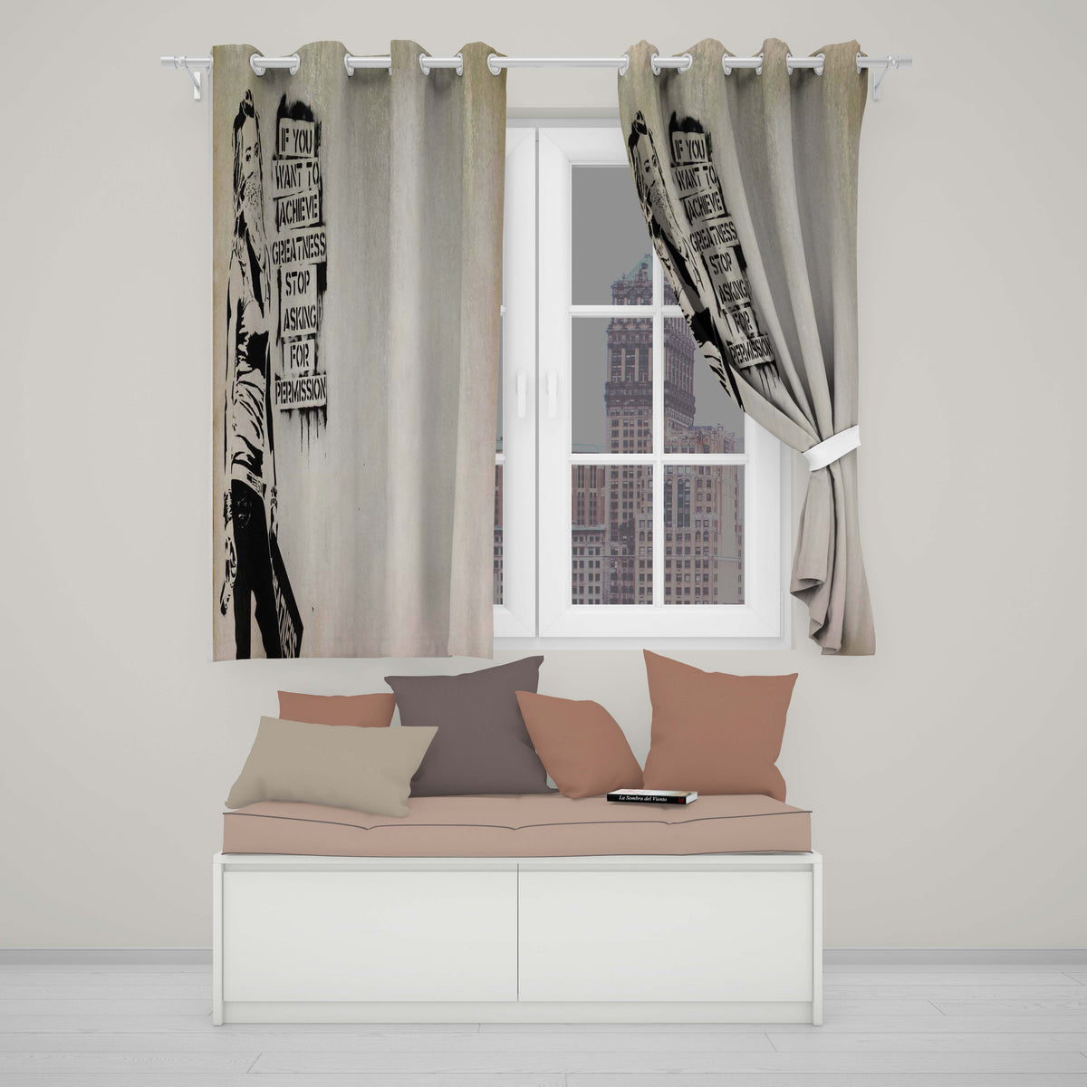 Masked Woman Motivational Quote Beige Urban Stencil Elegant Design for Home Decor Readymade Eyelet Ring Top Thermal 100% Blackout Curtains