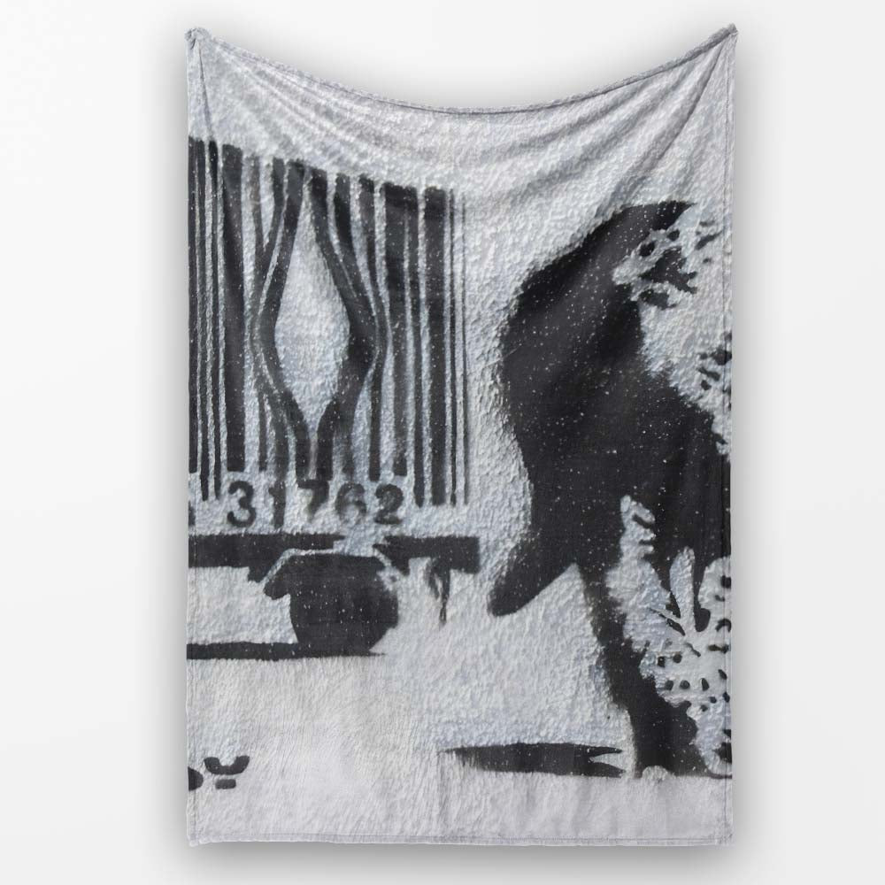 Black Rat with Barcode Monochrome Graffiti Stencil, All Season Comfort, Stylish Room Decoration - Super Soft Fleece Blanket Bed Sofa Throw